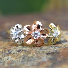 Hawaiian Silver Tricolor Three Plumeria Flowers CZ Wedding Ring Band 8mm SR2107