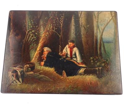 Nxxx LARGE ANTIQUE RUSSIAN BLACK LACQUER BOX THE BIRD CATCHER
