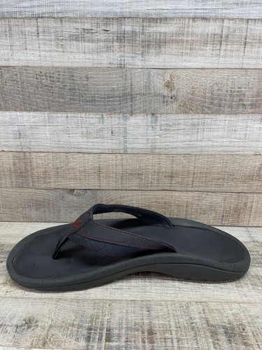 Olukai Koa Black Leather Flip Flops Sandals Men's sz 10 - Picture 6 of 8