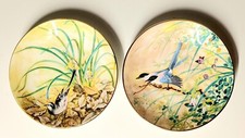 2 Coalport Fine Bone China,  7" Plates Bird Studies Magpie & Wagtail, Gold Rim