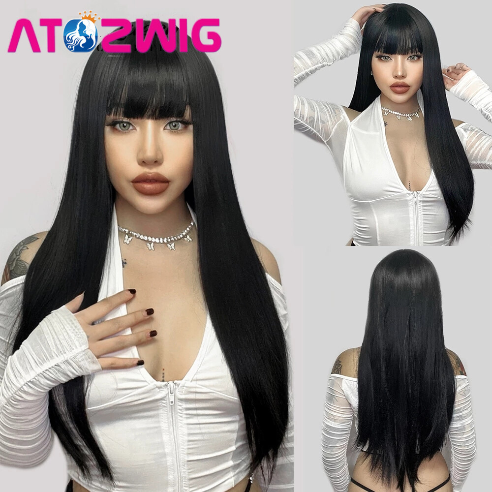Black Long Straight Wig with Bangs for Black Women Synthetic Hair Heat Safe  Silk
