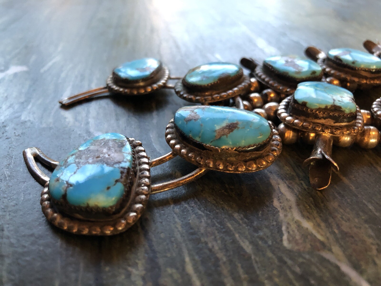 YAZZIE/Gilbert Ortega Enterprises Turquoise Stone Silver Squash Blossom