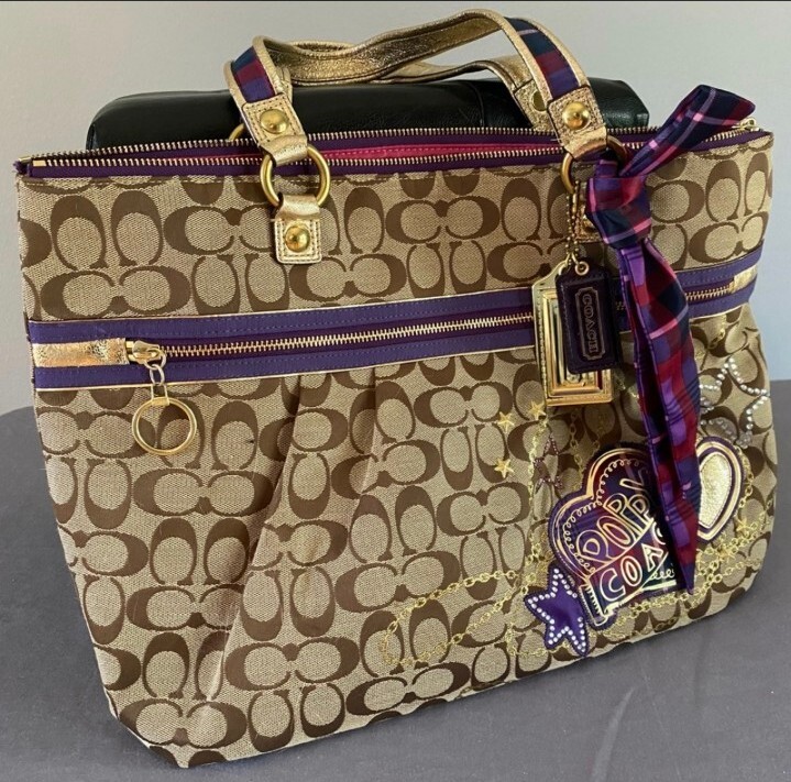 Coach Poppy Tartan Plaid Appliqué Large Glam Bag | eBay