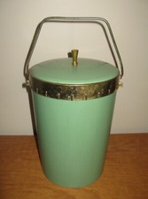SEAU À GLACE VINTAGE MILIEU DU SIÈCLE PLAS-TEX PLASTIQUE VERT AVEC ACCENTS DORÉS REFROIDISSEUR ANCIEN