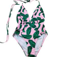 women's 1 piece swimsuit XL Pink with Green leaves Low Back floral