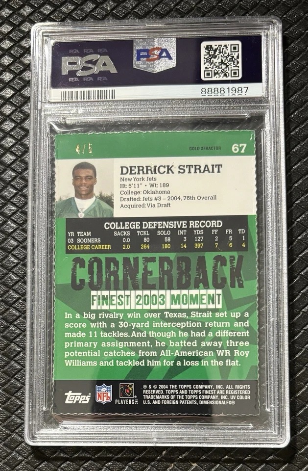 DERRICK STRAIT 2004 Topps Finest #67 Gold Xfractor Rookie /5 Oklahoma Jets PSA 9 - Image 2 of 2