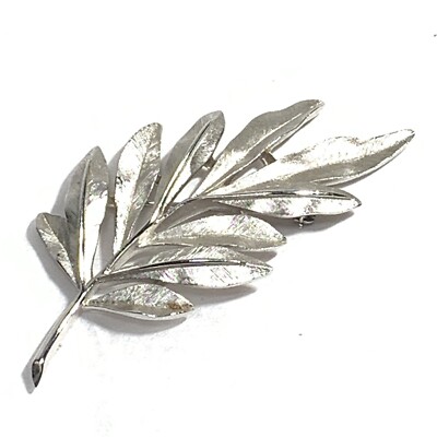 Vintage Signed TRIFARI Brushed Silver Tone Leaf Pin Textured Crown Mark
