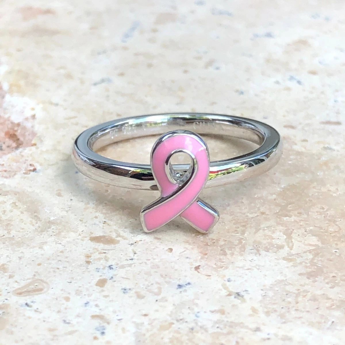 Sterling Silver Pink Enamel Breast Cancer Awareness Ribbon Ring NEW Size 5