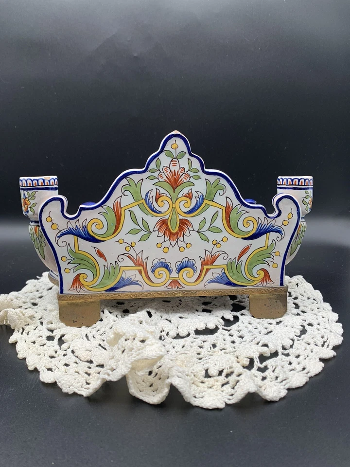 Écritoire Ancien 2 Lumières En Faïence Polychrome Manufacture Fourmaintraux 1800 - Photo 3/4