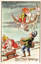 Antique Christmas New Year Crescent Moon Naughty Gnomes Fantasy Vtg Postcard F40