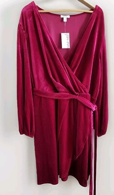 DKNY Dress Women s 4X Burgundy Velvet Long Sleeve Surplice Neckline Belted New