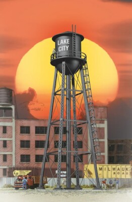 CITY WATER TOWER - BLACK- ASSEMBLED - HO Scale LATTICE LEG - KIT 933-2825 NEW