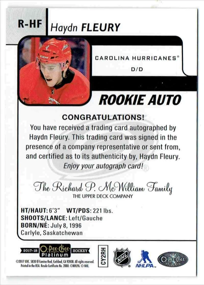 2017-18 O-PEE-CHEE PLATINUM HAYDN FLEURY ROOKIE AUTO CAROLINA HURRICANES #R-HF - Image 2 of 2