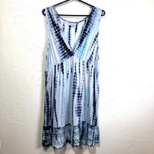 VENUS Sleeveless Dress Empire Waist Cover up Blue Tie Dye Lace Hem Knee Length L