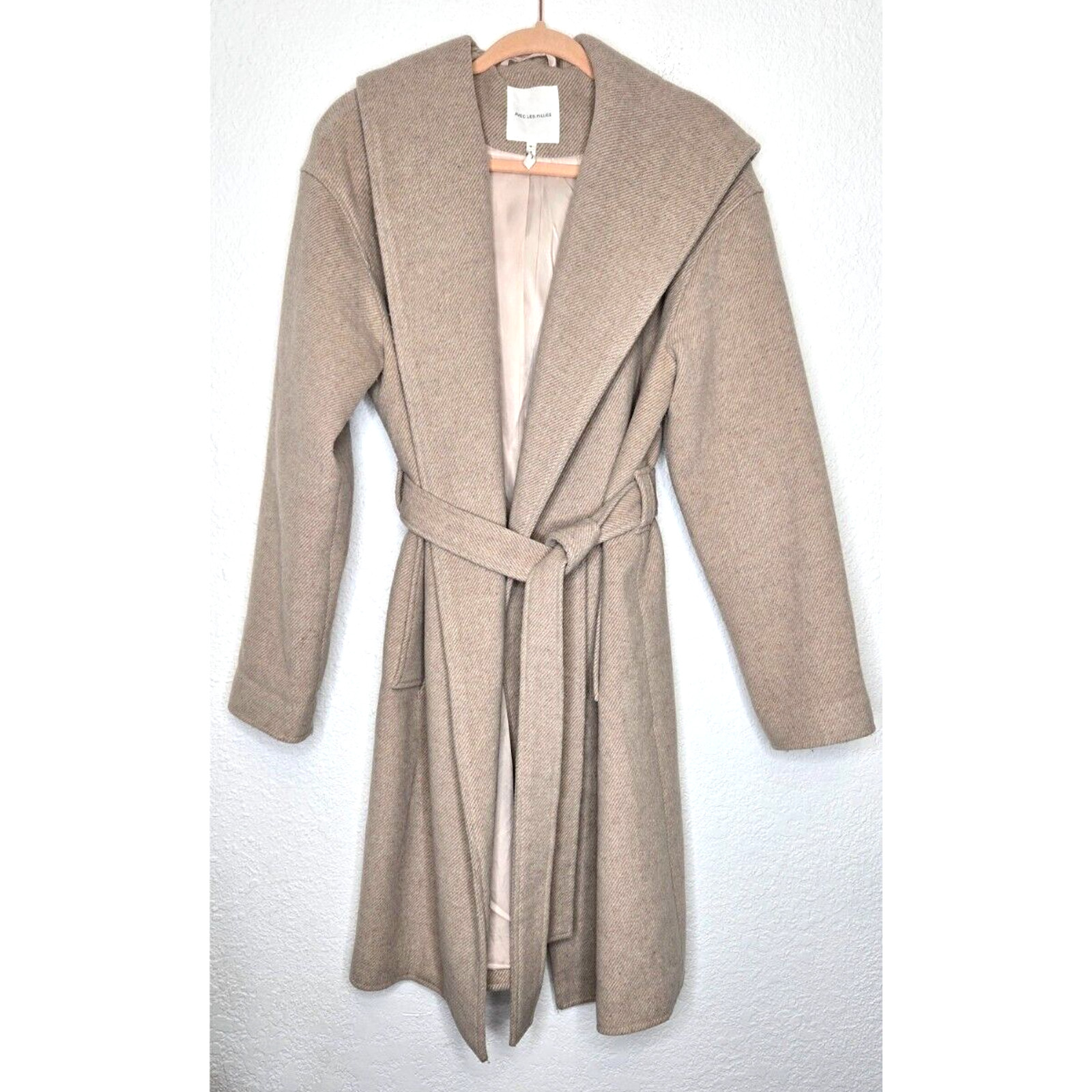 Avec Les Filles Robe Coat Womens Small Nude Beige Twill Hooded Belted Minimalist