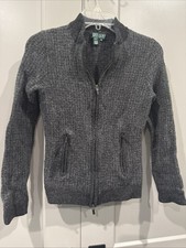 Ralph Lauren Gray Black Knit Wool Mock Neck Zip Up Sweater Size Medium