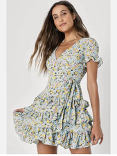 Lulus Feeling Butterflies Floral Tiered Ruffle Boho Mini Dress Blue Yellow Small