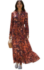 Claire Woman Maxi Dress Belted Button Front Abstract Viscose Resort Travel Small