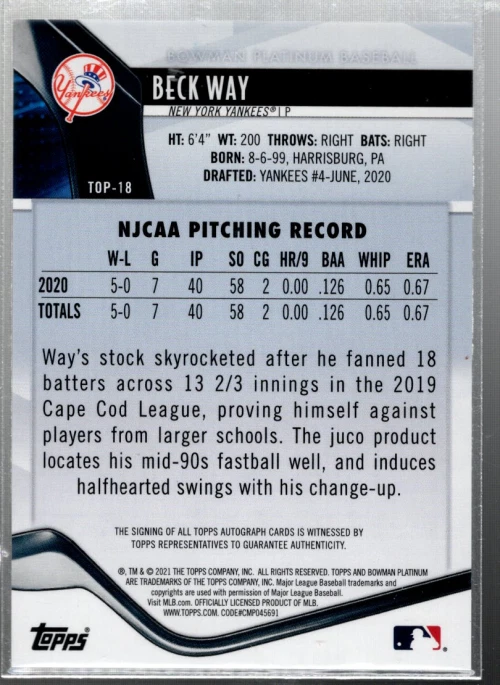 B3242- 2021 Bowman Platinum Top Prospect Autographs #TOP18 Beck Way Auto - NM-MT - Image 2 of 2
