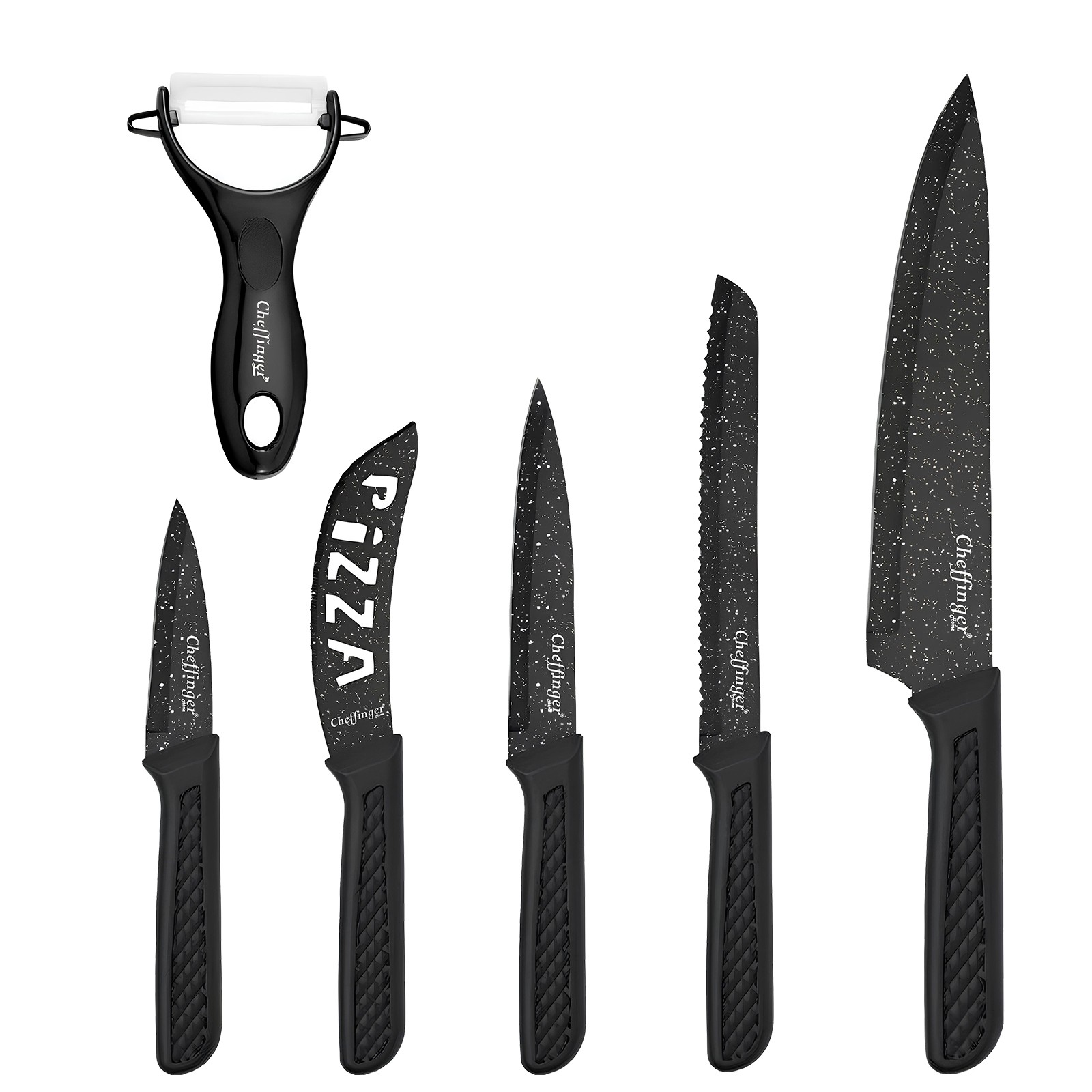 Set de 6 couteaux Cheffinger avec éplucheur et couteau à pizza antiadhésif noir