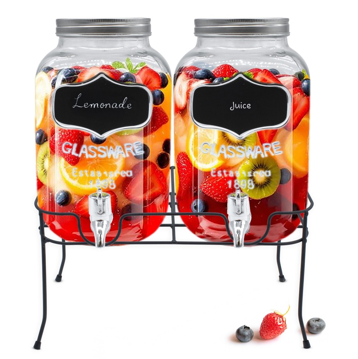 Getränke Spender Set - 2x 4l Glas mit Zapfhahn + Gestell