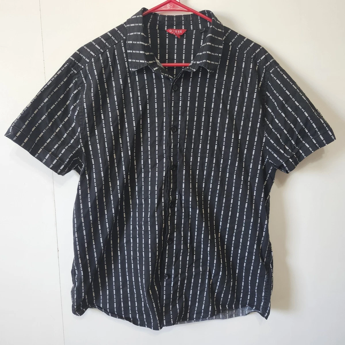 Camisa Guess Negra a Rayas Logo Para Hombre Grande Manga Corta Abotonada Preppy