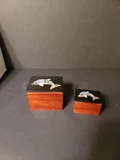 Vtg 2 Nesting Boxes MOTHER OF PEARL ABALONE DOLPHIN Design Mahogany Wood Base