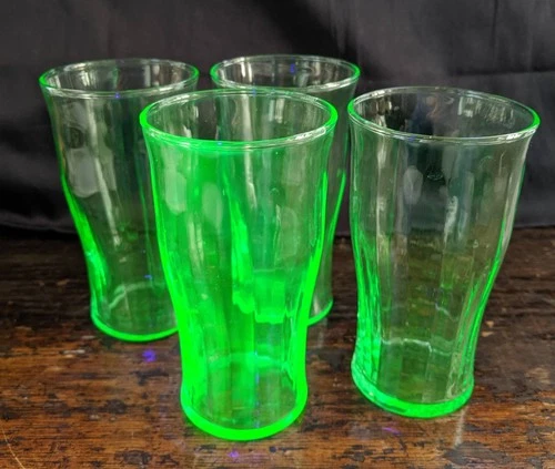 Lot of 4 Vintage Green Uranium Vaseline Depression Glass Cola Tumbler Cups Juice