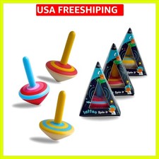 Wooden Set of 3 Spinning Tops for Kids  Multicolor  Child-Safe Montessori ...