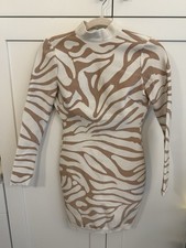 Fashion Nova Nude Tan Zebra Print Dress Long Sleeve Mock Neck V Back Bodycon