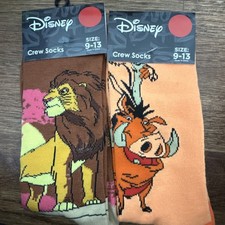 Disney Men's Crew Socks Simba Pumbaa Brown Orange 2 Pairs Size 9-13