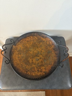 Metal Copper Finish Tray With Iron Ornate Handles Stand Display Hammered Look