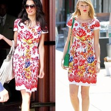 NWOT Oscar de la Renta Red, White & Green Floral Dress with Yellow Accents