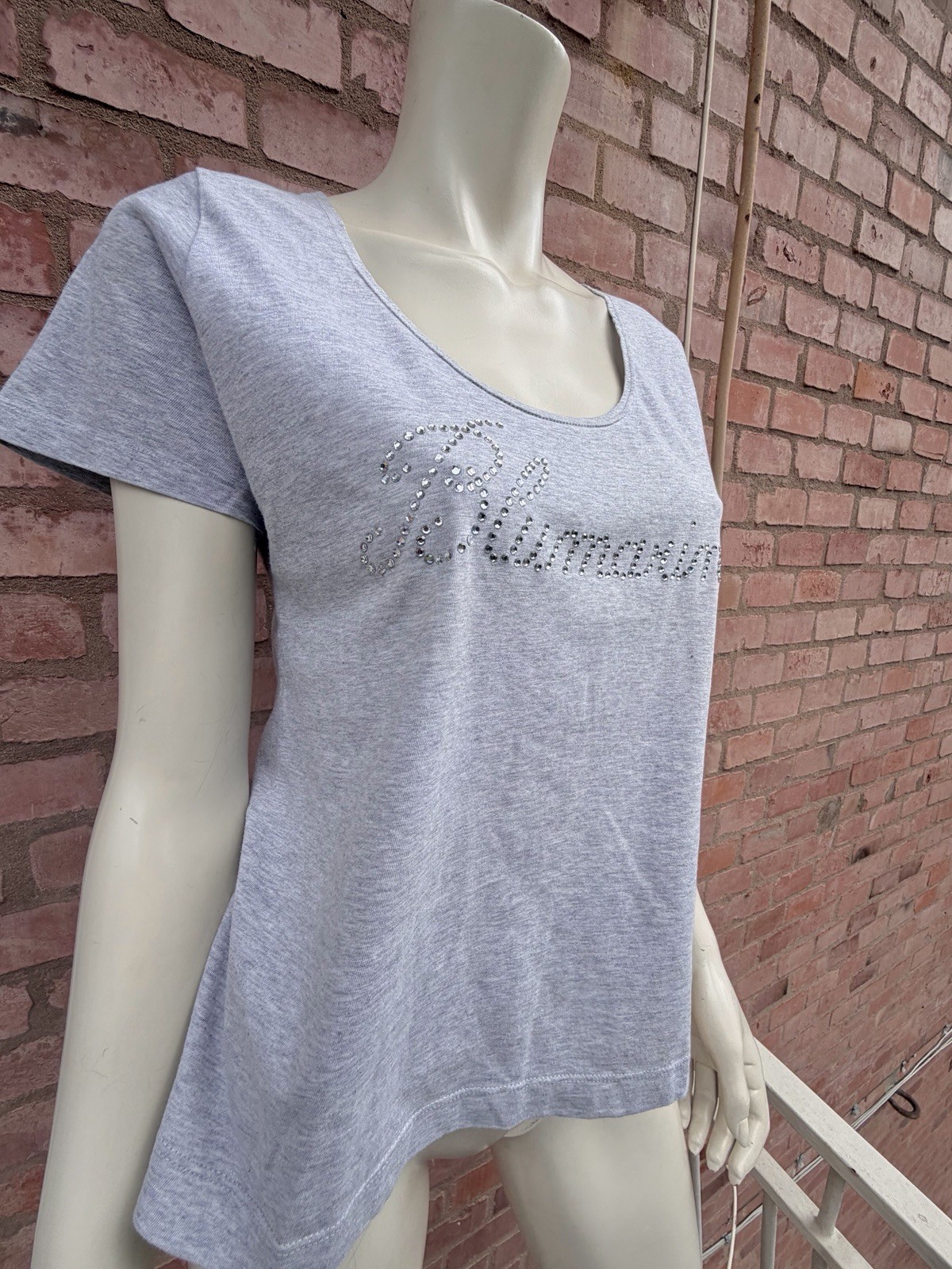 Blumarine Grey Short Sleeve T-Shirt Cotton Logo Swarovski Design Size IT 46 L image 9
