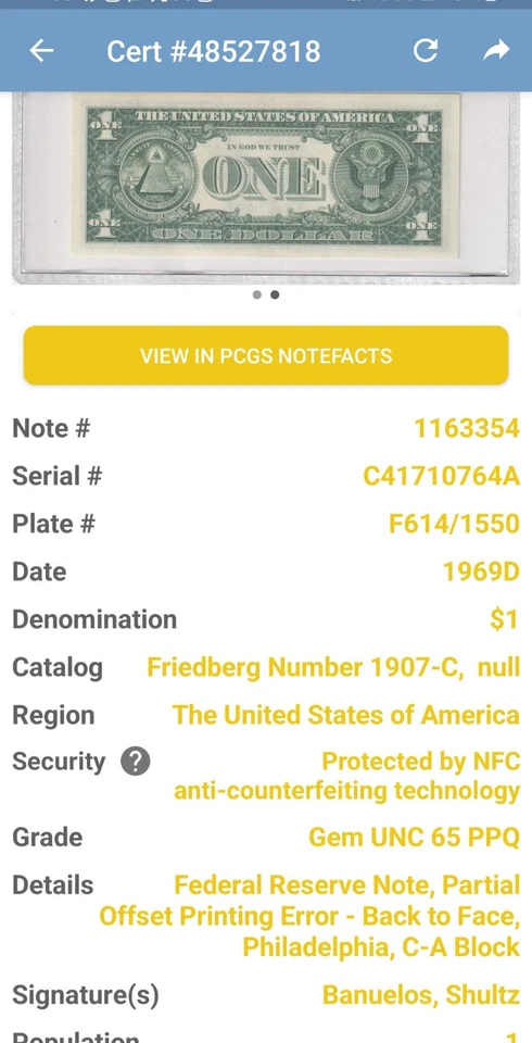 $1 1969D FRN Partial Offset Printing Error Back To Face PCGS 65 PPQ Gem UNC  - Image 4 of 4