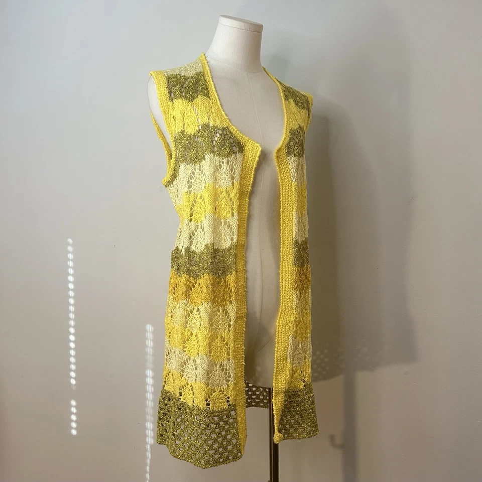 Colete suéter tricotado à mão anos 60 anos 70 cardigã listras boho macio menina indie 38 polegadas busto - Imagem 2 de 4