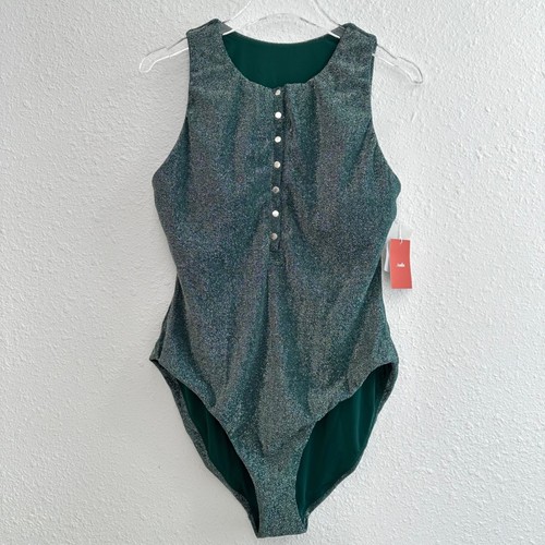 Andie The Malibu One Piece Swimsuit Women L Green Metallic Shimmer Beach Resort