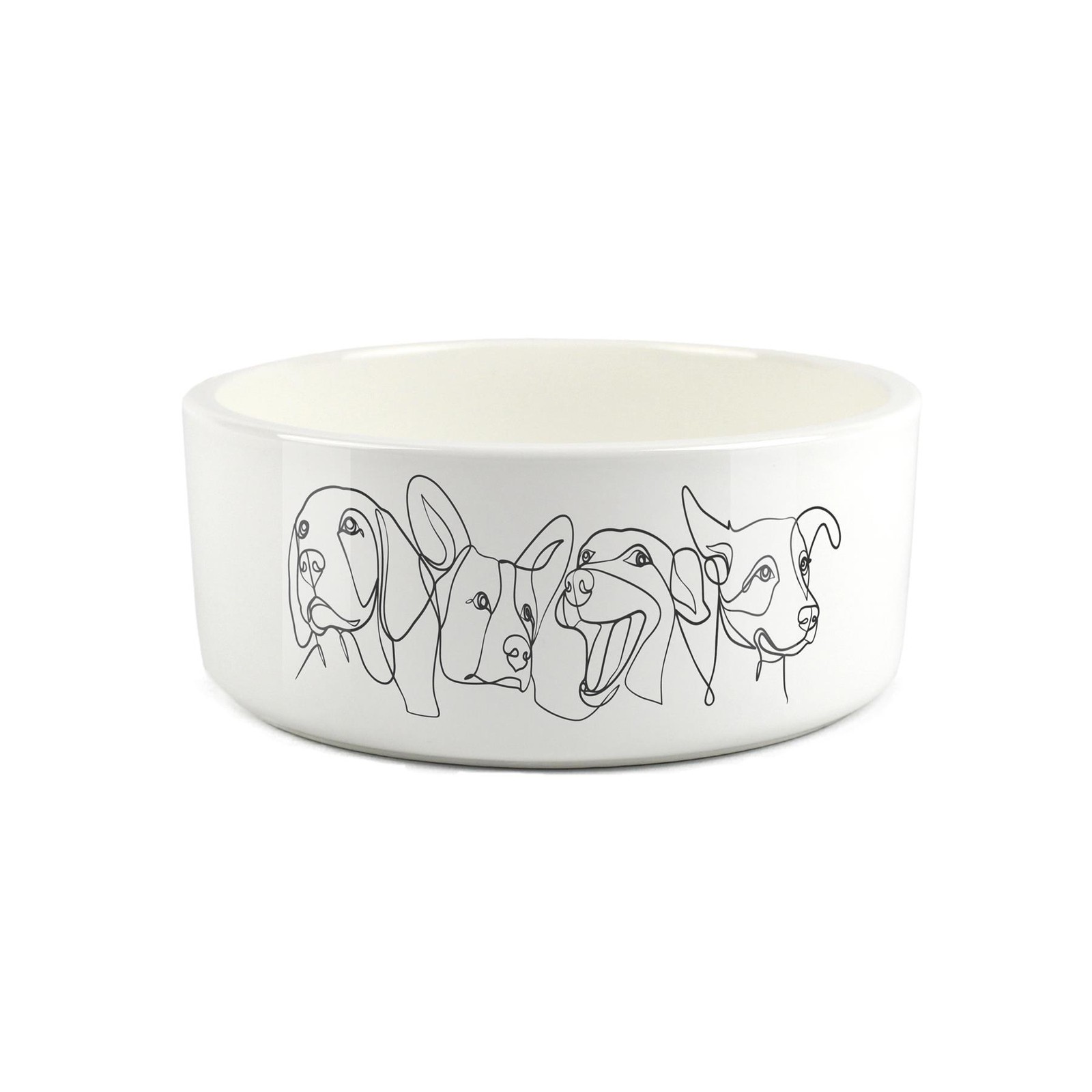 Happy Dog Faces Large Dog Bowl Fine Line Drawing - Ceramic White Food Water Dish