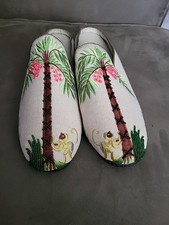 Vintage Fabric Mules Embroidered Palm Trees Monkeys Beadwork Women s 10