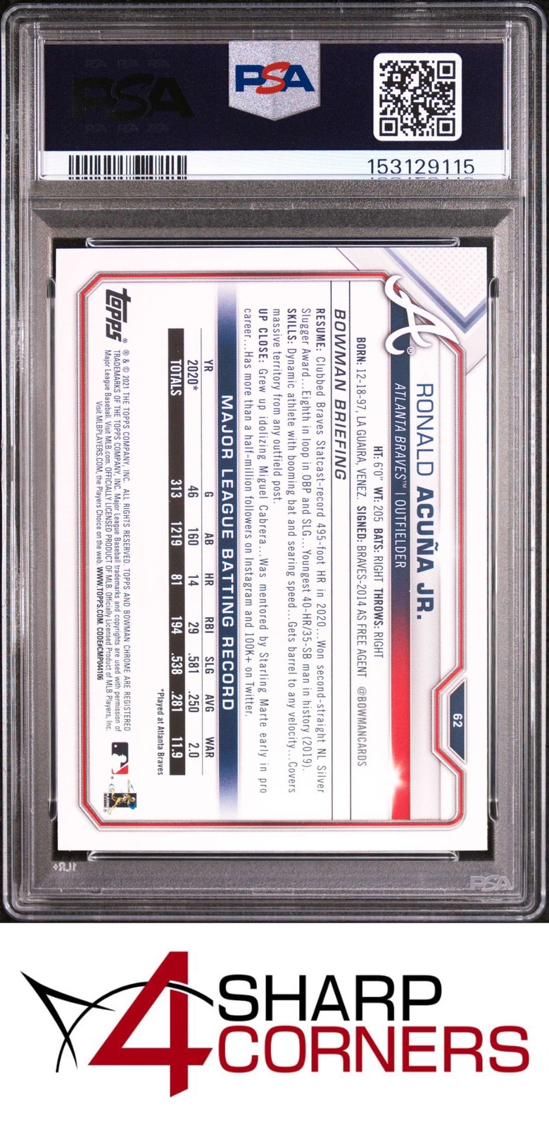 2021 BOWMAN #62 RONALD ACUNA JR. PSA 10 view 2