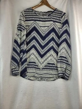 Fun 2 Fun Women Top Size XL Roll TabSleeve/Blue Cream Zig Zag Pattern/100% Rayon