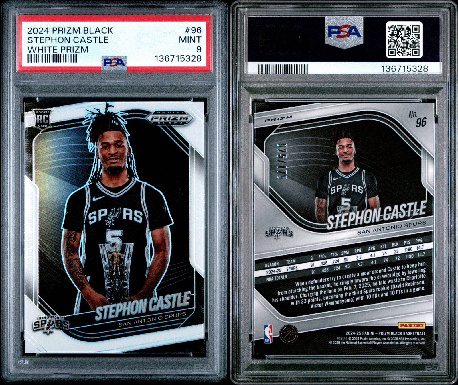 2024 Panini Prizm Black - Stephon Castle #96 White Prizm /175 Rookie (RC) PSA 9 view 3