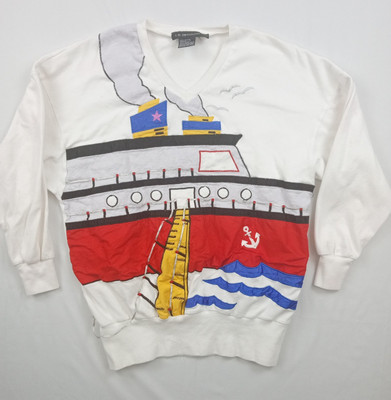 Vintage I.B. Diffusion Nautical Cruise Ship Design V-Neck Shirt Top Size Large 