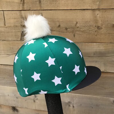 Horse Riding hat silk fur Pom, Wool Or Button Top one Size Green star  UK