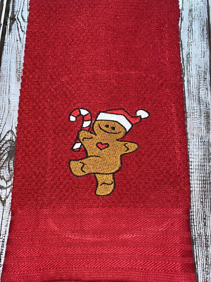 Embroidered Red  Kitchen Mainstays Hand Towel   Gingerbread Man Christmas BS2918