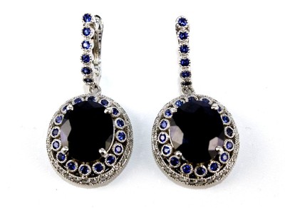 Oval Blue Sapphire & Diamond Halo Snap Drop Earrings 14K White Gold 16.64Ct