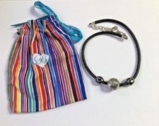 Brighton Black Braided Leather ABC Necklace 18” w/Focal &Night Glow Hearts Beads