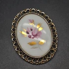 Milk Glass Flower Brooch Hand Painted Pink Gold Tone Vintage Costume Jewelry