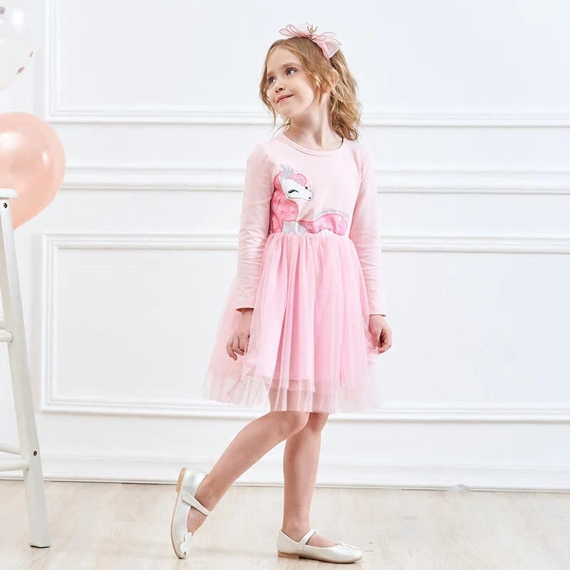 NUEVO Vestido Tutú Unicornio Niñas Rosa Manga Larga 3-4 4-5 5-6 6-7 7-8 Foto 2 de 3