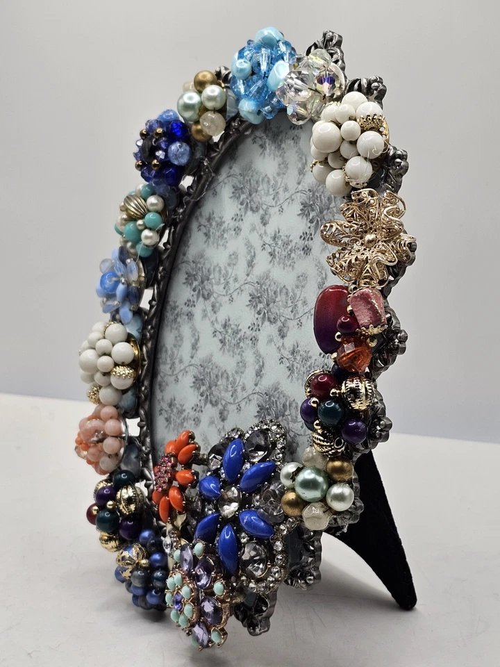 Vintage Jeweled Assemblage Picture Frame Blue White Rhinestone Bead Floral OOAK - Image 3 of 4
